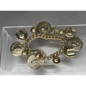 Vintage Gold Charms Roman Coin Charm Bracelet Bells Stars Chunky Statement